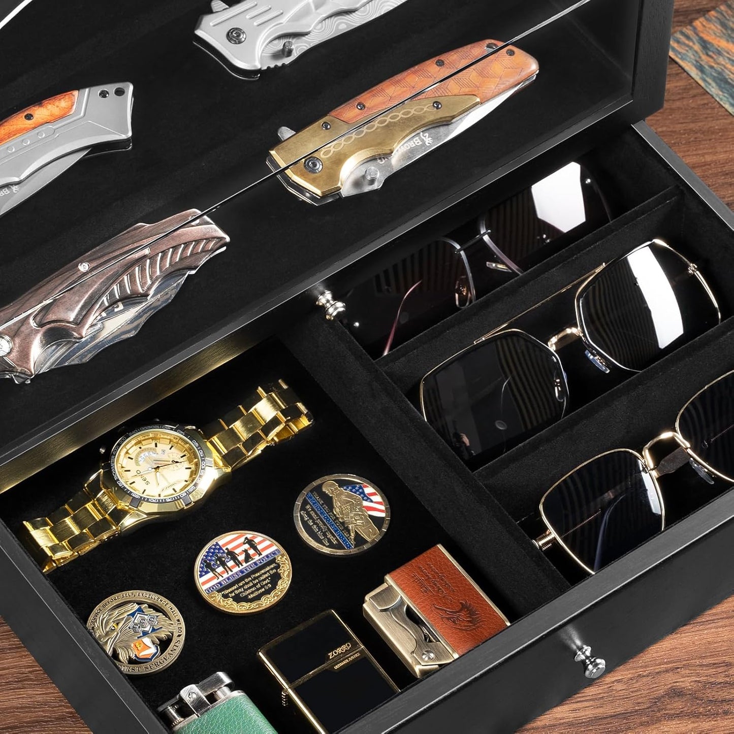 Pocket Knife Display Case, Large Knife Collection Box for Folding Knives & EDC Gear, Solid Wood Knife Organizer with Transparent Lid & Drawer, Collector-Grade Gift for Men (Black)