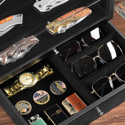 Pocket Knife Display Case, Large Knife Collection Box for Folding Knives & EDC Gear, Solid Wood Knife Organizer with Transparent Lid & Drawer, Collector-Grade Gift for Men (Black)