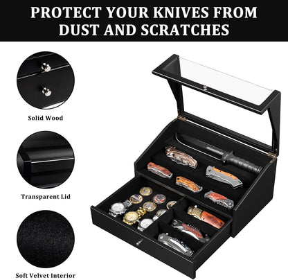Pocket Knife Display Case, Large Knife Collection Box for Folding Knives & EDC Gear, Solid Wood Knife Organizer with Transparent Lid & Drawer, Collector-Grade Gift for Men (Black)