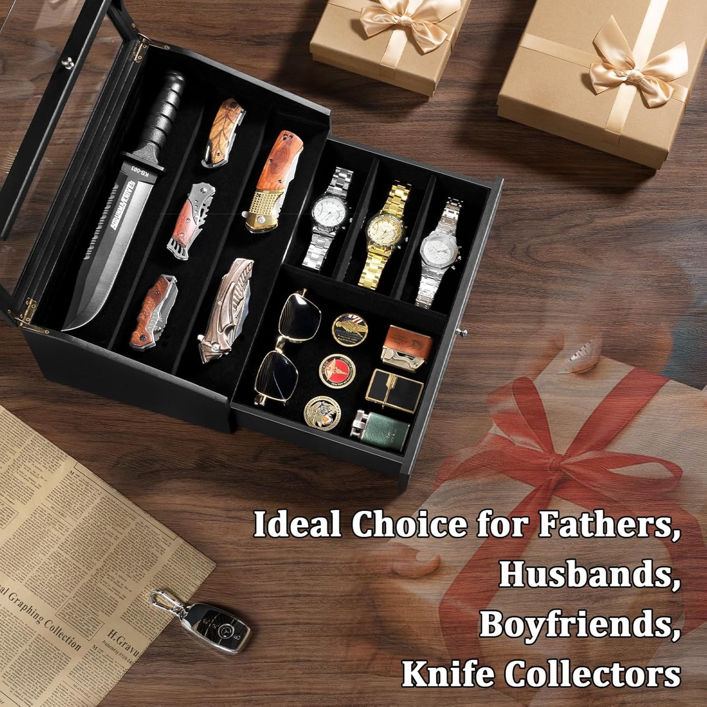 Pocket Knife Display Case, Large Knife Collection Box for Folding Knives & EDC Gear, Solid Wood Knife Organizer with Transparent Lid & Drawer, Collector-Grade Gift for Men (Black)