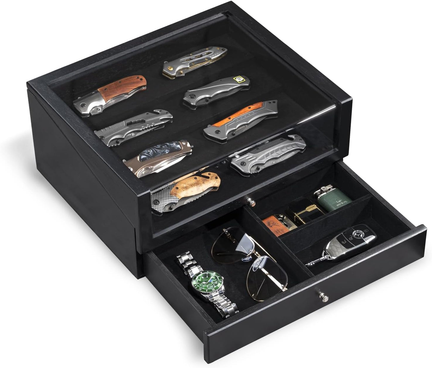 Pocket Knife Display Case, Large Knife Collection Box for Folding Knives & EDC Gear, Solid Wood Knife Organizer with Transparent Lid & Drawer, Collector-Grade Gift for Men (Black)