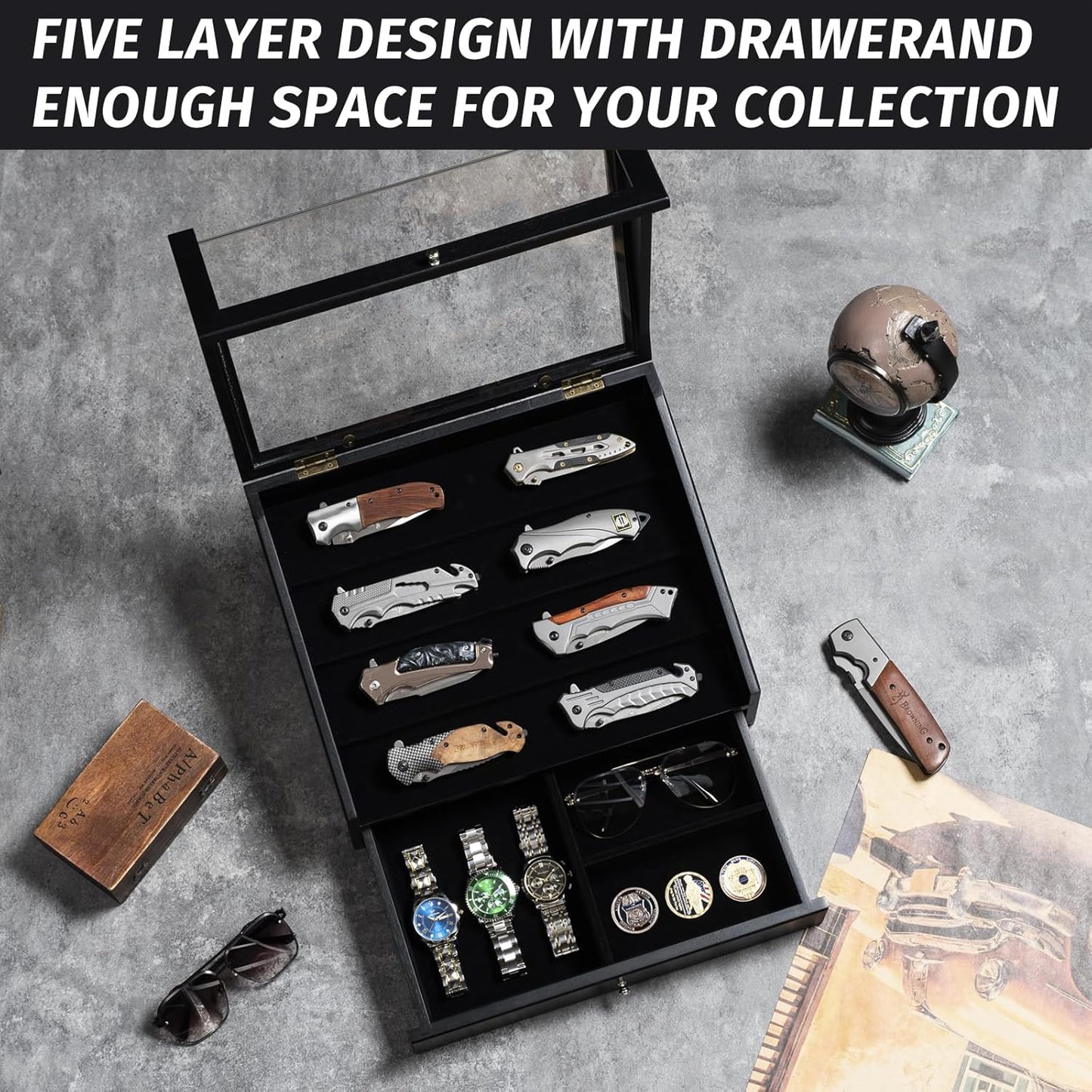 Pocket Knife Display Case, Large Knife Collection Box for Folding Knives & EDC Gear, Solid Wood Knife Organizer with Transparent Lid & Drawer, Collector-Grade Gift for Men (Black)