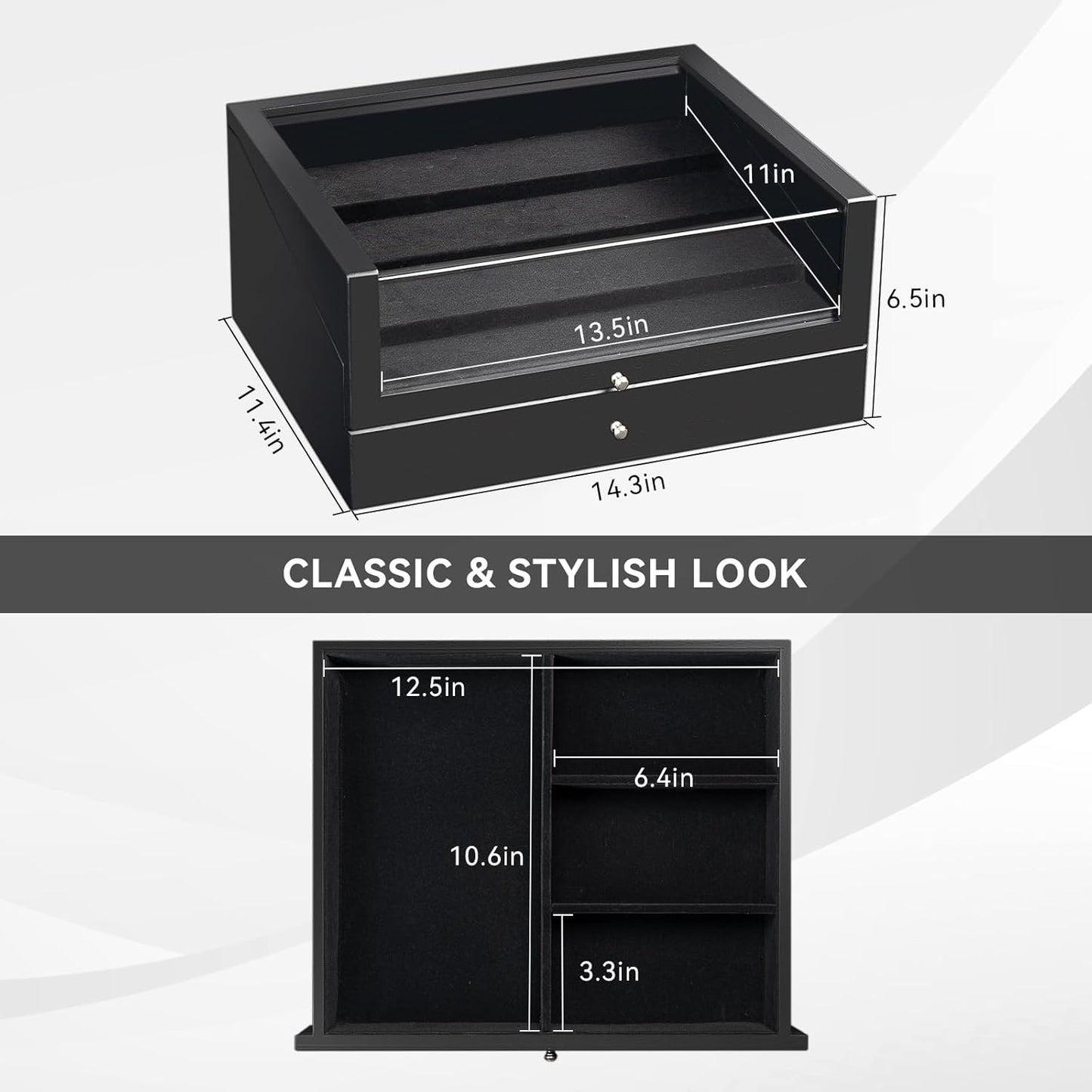Pocket Knife Display Case, Large Knife Collection Box for Folding Knives & EDC Gear, Solid Wood Knife Organizer with Transparent Lid & Drawer, Collector-Grade Gift for Men (Black)
