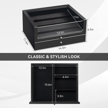 Pocket Knife Display Case, Large Knife Collection Box for Folding Knives & EDC Gear, Solid Wood Knife Organizer with Transparent Lid & Drawer, Collector-Grade Gift for Men (Black)