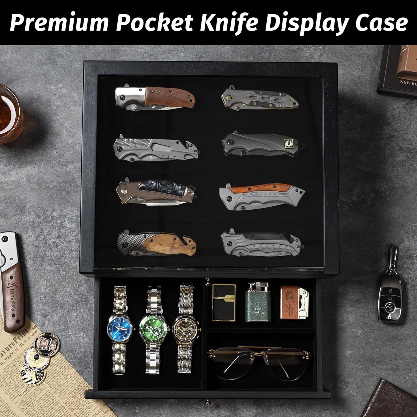 Pocket Knife Display Case, Large Knife Collection Box for Folding Knives & EDC Gear, Solid Wood Knife Organizer with Transparent Lid & Drawer, Collector-Grade Gift for Men (Black)
