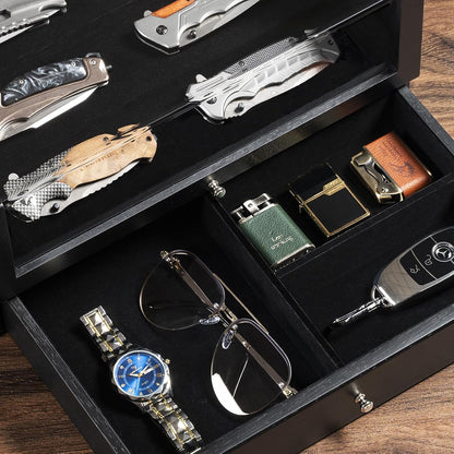 Pocket Knife Display Case, Large Knife Collection Box for Folding Knives & EDC Gear, Solid Wood Knife Organizer with Transparent Lid & Drawer, Collector-Grade Gift for Men (Black)