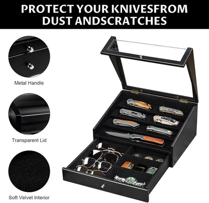 Pocket Knife Display Case, Large Knife Collection Box for Folding Knives & EDC Gear, Solid Wood Knife Organizer with Transparent Lid & Drawer, Collector-Grade Gift for Men (Black)