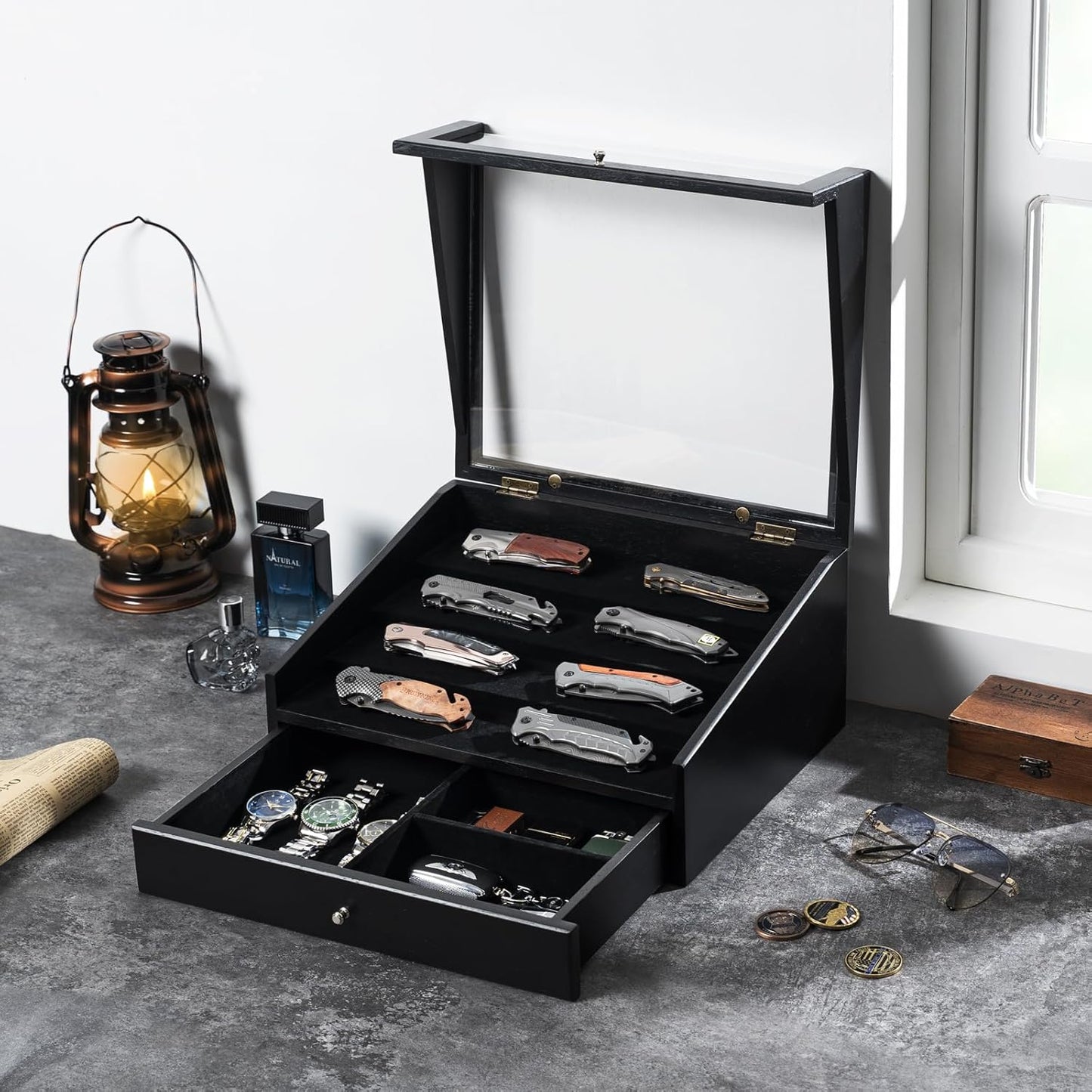 Pocket Knife Display Case, Large Knife Collection Box for Folding Knives & EDC Gear, Solid Wood Knife Organizer with Transparent Lid & Drawer, Collector-Grade Gift for Men (Black)