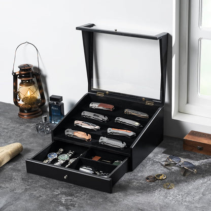 Pocket Knife Display Case, Large Knife Collection Box for Folding Knives & EDC Gear, Solid Wood Knife Organizer with Transparent Lid & Drawer, Collector-Grade Gift for Men (Black)