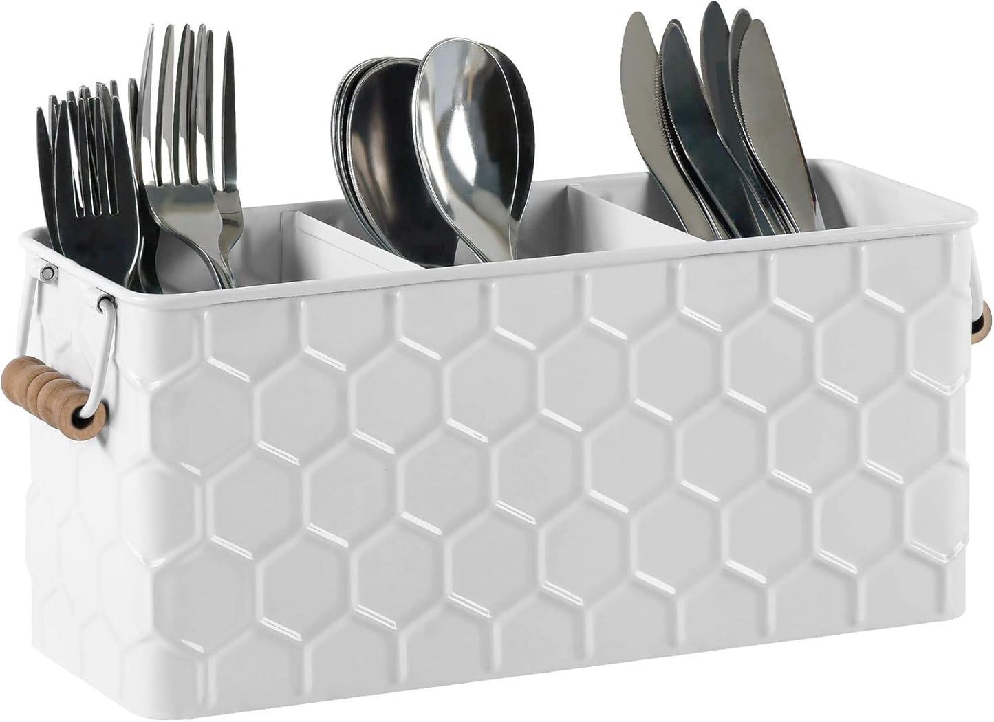 White Silverware Caddy for Party, Kitchen Flatware Holder | Metal Countertop Cutlery Organizer with 3 Compartments for Utensils, Spoons, Knives, Forks, Cups