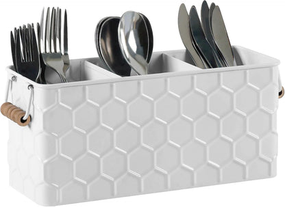White Silverware Caddy for Party, Kitchen Flatware Holder | Metal Countertop Cutlery Organizer with 3 Compartments for Utensils, Spoons, Knives, Forks, Cups