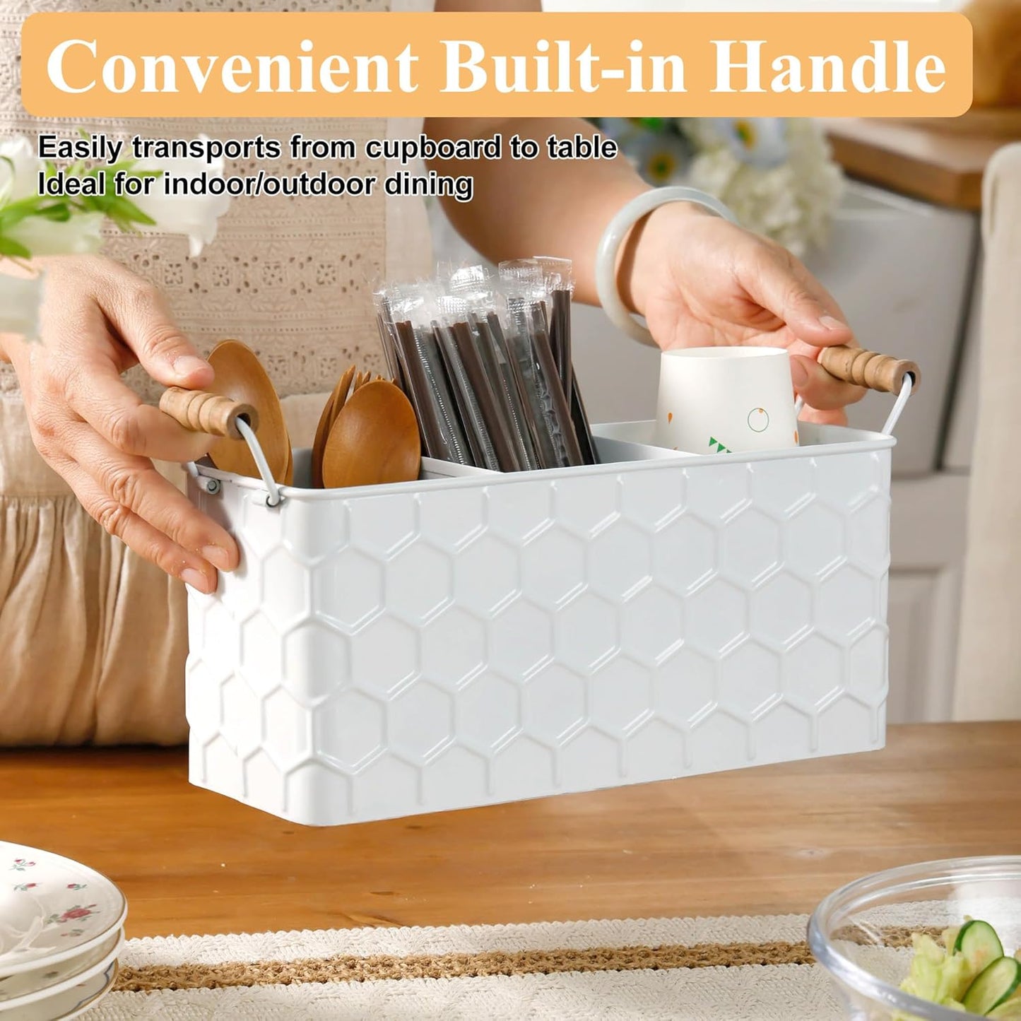 White Silverware Caddy for Party, Kitchen Flatware Holder | Metal Countertop Cutlery Organizer with 3 Compartments for Utensils, Spoons, Knives, Forks, Cups