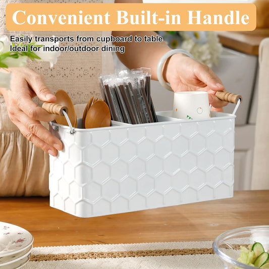 White Silverware Caddy for Party, Kitchen Flatware Holder | Metal Countertop Cutlery Organizer with 3 Compartments for Utensils, Spoons, Knives, Forks, Cups