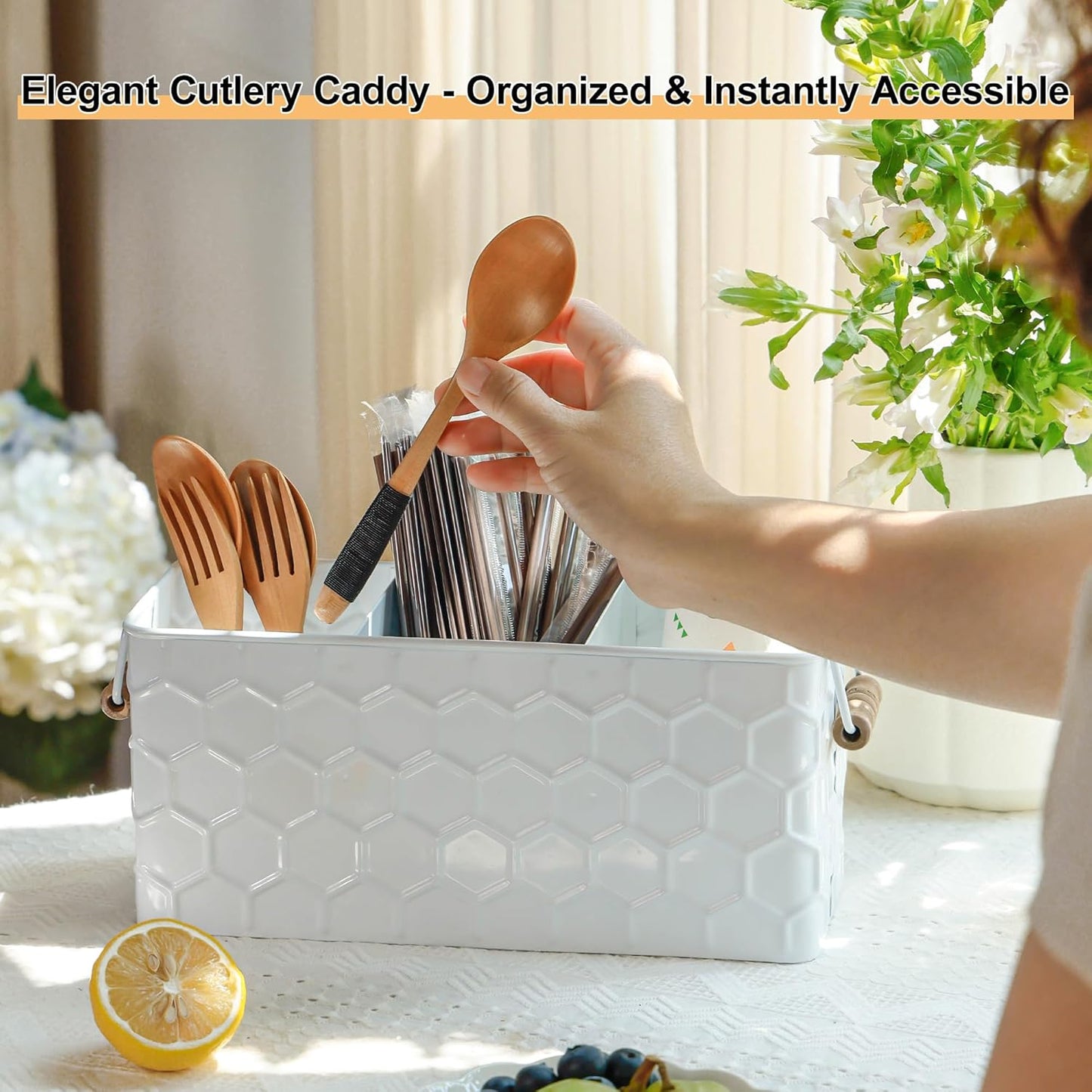 White Silverware Caddy for Party, Kitchen Flatware Holder | Metal Countertop Cutlery Organizer with 3 Compartments for Utensils, Spoons, Knives, Forks, Cups
