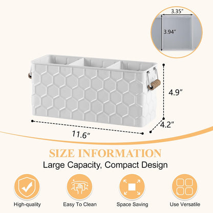 White Silverware Caddy for Party, Kitchen Flatware Holder | Metal Countertop Cutlery Organizer with 3 Compartments for Utensils, Spoons, Knives, Forks, Cups