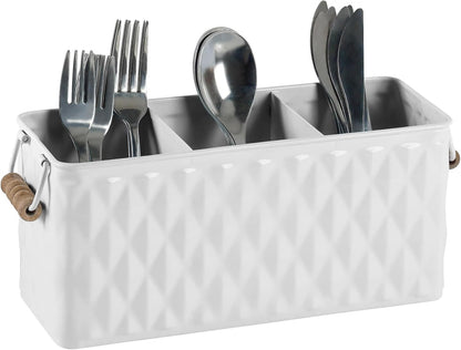 White Silverware Caddy for Party, Kitchen Flatware Holder | Metal Countertop Cutlery Organizer with 3 Compartments for Utensils, Spoons, Knives, Forks, Cups
