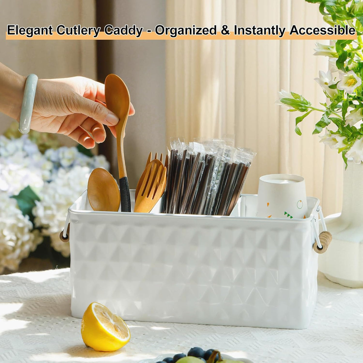 White Silverware Caddy for Party, Kitchen Flatware Holder | Metal Countertop Cutlery Organizer with 3 Compartments for Utensils, Spoons, Knives, Forks, Cups