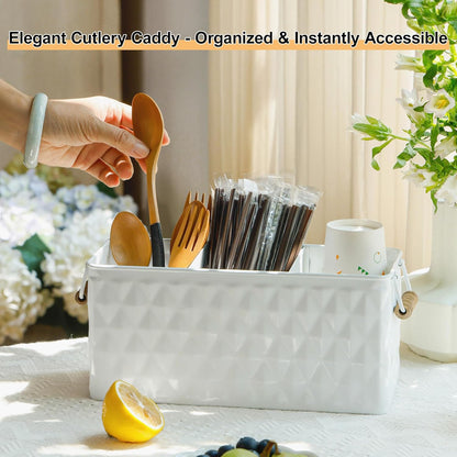 White Silverware Caddy for Party, Kitchen Flatware Holder | Metal Countertop Cutlery Organizer with 3 Compartments for Utensils, Spoons, Knives, Forks, Cups