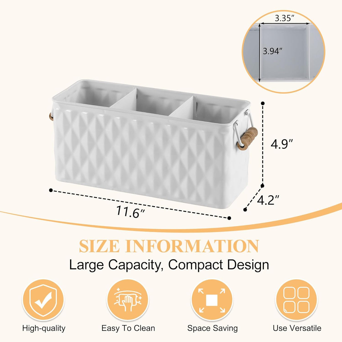 White Silverware Caddy for Party, Kitchen Flatware Holder | Metal Countertop Cutlery Organizer with 3 Compartments for Utensils, Spoons, Knives, Forks, Cups