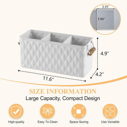 White Silverware Caddy for Party, Kitchen Flatware Holder | Metal Countertop Cutlery Organizer with 3 Compartments for Utensils, Spoons, Knives, Forks, Cups