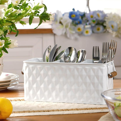 White Silverware Caddy for Party, Kitchen Flatware Holder | Metal Countertop Cutlery Organizer with 3 Compartments for Utensils, Spoons, Knives, Forks, Cups