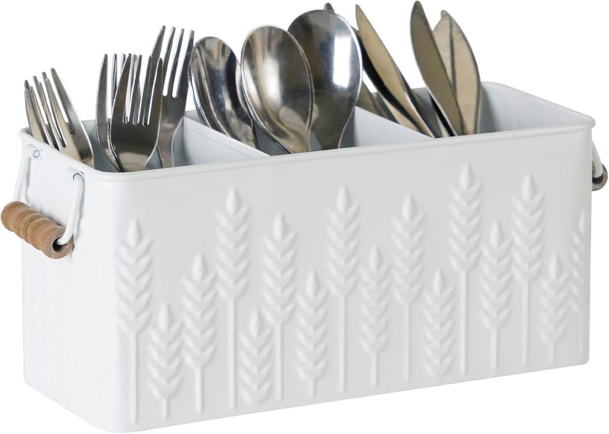 White Silverware Caddy for Party, Kitchen Flatware Holder | Metal Countertop Cutlery Organizer with 3 Compartments for Utensils, Spoons, Knives, Forks, Cups
