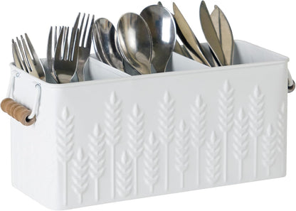White Silverware Caddy for Party, Kitchen Flatware Holder | Metal Countertop Cutlery Organizer with 3 Compartments for Utensils, Spoons, Knives, Forks, Cups