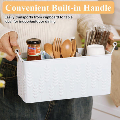 White Silverware Caddy for Party, Kitchen Flatware Holder | Metal Countertop Cutlery Organizer with 3 Compartments for Utensils, Spoons, Knives, Forks, Cups