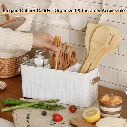 White Silverware Caddy for Party, Kitchen Flatware Holder | Metal Countertop Cutlery Organizer with 3 Compartments for Utensils, Spoons, Knives, Forks, Cups