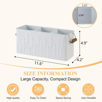 White Silverware Caddy for Party, Kitchen Flatware Holder | Metal Countertop Cutlery Organizer with 3 Compartments for Utensils, Spoons, Knives, Forks, Cups