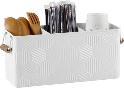 White Silverware Caddy for Party, Kitchen Flatware Holder | Metal Countertop Cutlery Organizer with 3 Compartments for Utensils, Spoons, Knives, Forks, Cups