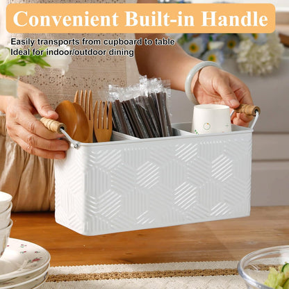 White Silverware Caddy for Party, Kitchen Flatware Holder | Metal Countertop Cutlery Organizer with 3 Compartments for Utensils, Spoons, Knives, Forks, Cups