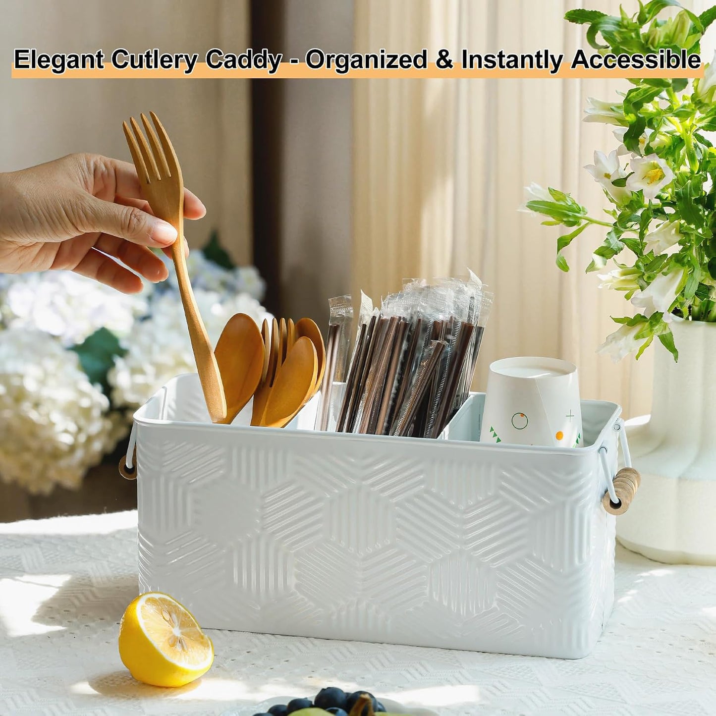 White Silverware Caddy for Party, Kitchen Flatware Holder | Metal Countertop Cutlery Organizer with 3 Compartments for Utensils, Spoons, Knives, Forks, Cups