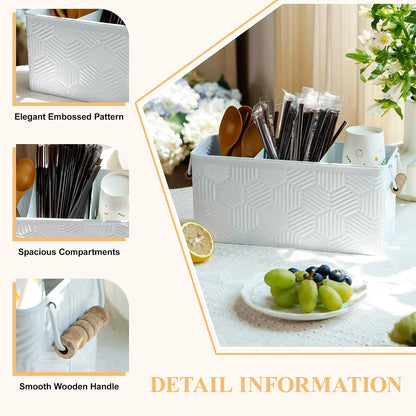 White Silverware Caddy for Party, Kitchen Flatware Holder | Metal Countertop Cutlery Organizer with 3 Compartments for Utensils, Spoons, Knives, Forks, Cups
