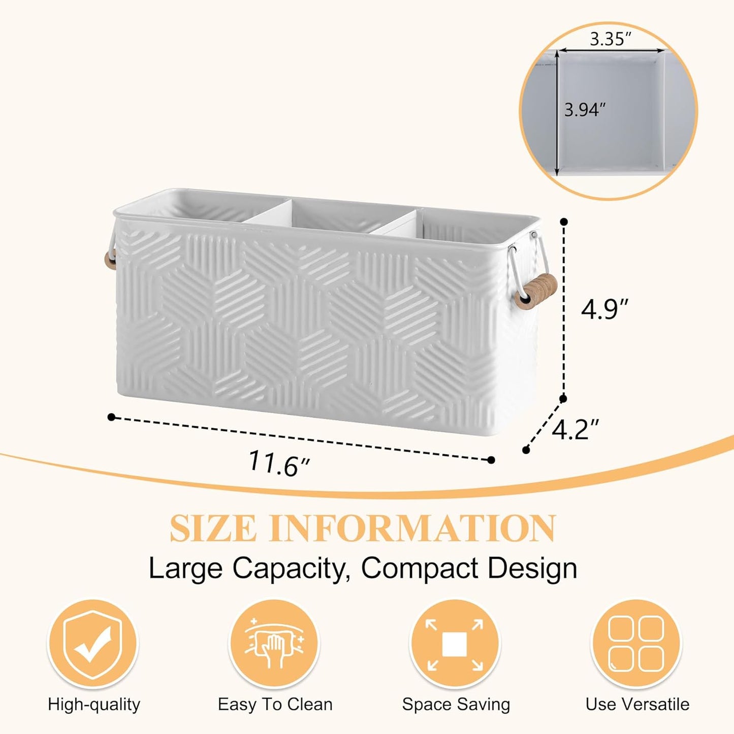 White Silverware Caddy for Party, Kitchen Flatware Holder | Metal Countertop Cutlery Organizer with 3 Compartments for Utensils, Spoons, Knives, Forks, Cups
