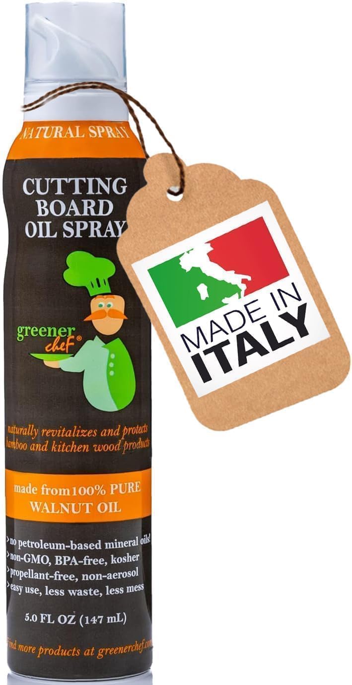 Non Toxic Cutting Board Oil - Innovative Spray for No Mess and Less Waste - Pure Italian Walnut Oil Conditioner for Wood Butcher Blocks, Bamboo Chopping Boards and Wooden Kitchen Utensils