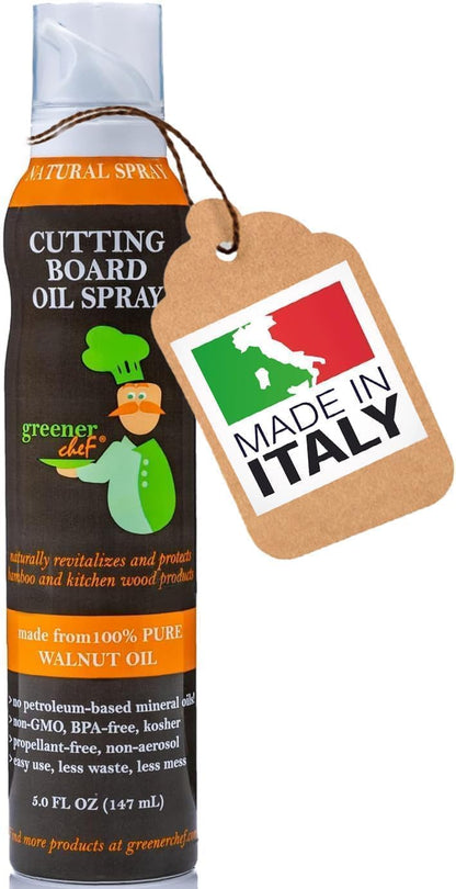 Non Toxic Cutting Board Oil - Innovative Spray for No Mess and Less Waste - Pure Italian Walnut Oil Conditioner for Wood Butcher Blocks, Bamboo Chopping Boards and Wooden Kitchen Utensils