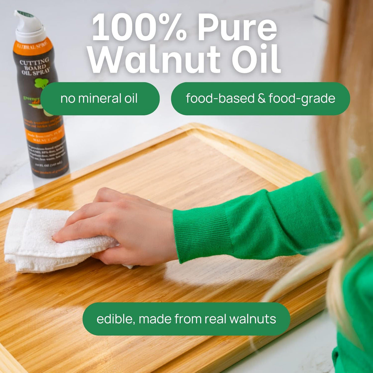 Non Toxic Cutting Board Oil - Innovative Spray for No Mess and Less Waste - Pure Italian Walnut Oil Conditioner for Wood Butcher Blocks, Bamboo Chopping Boards and Wooden Kitchen Utensils