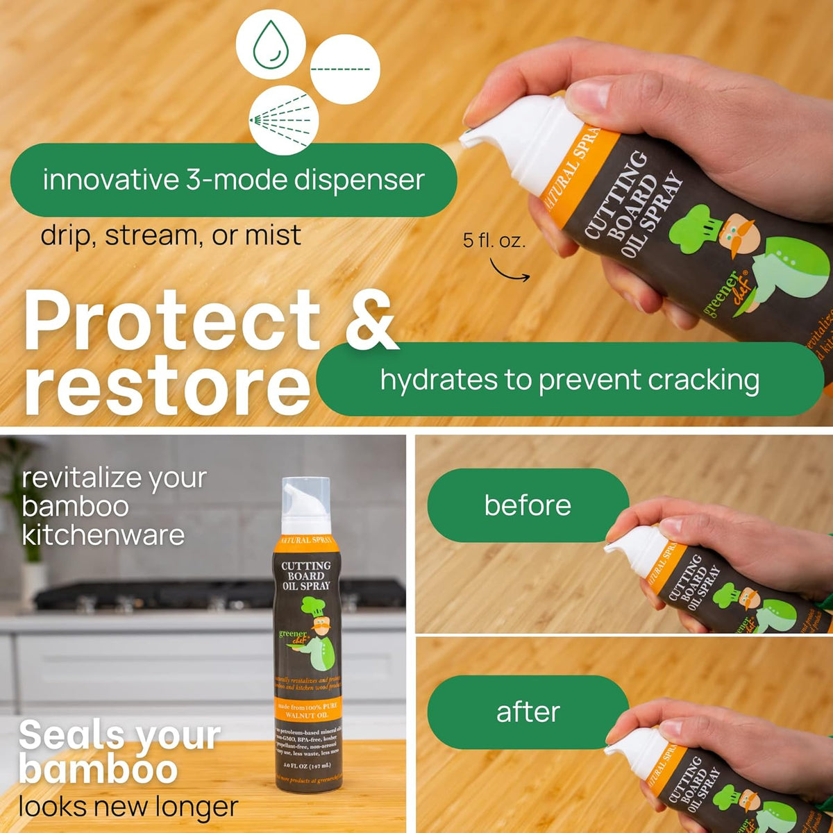 Non Toxic Cutting Board Oil - Innovative Spray for No Mess and Less Waste - Pure Italian Walnut Oil Conditioner for Wood Butcher Blocks, Bamboo Chopping Boards and Wooden Kitchen Utensils