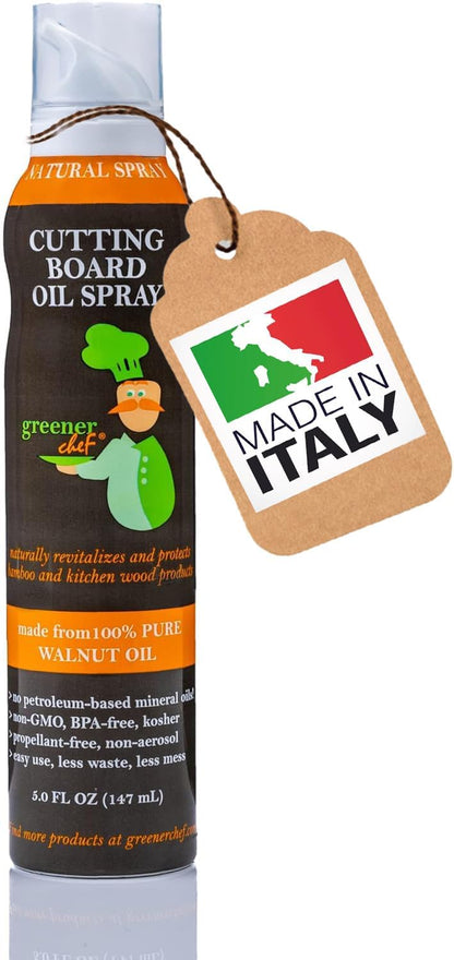 Non Toxic Cutting Board Oil - Innovative Spray for No Mess and Less Waste - Pure Italian Walnut Oil Conditioner for Wood Butcher Blocks, Bamboo Chopping Boards and Wooden Kitchen Utensils