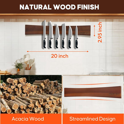 20 Inch Magnetic Knife Holder for Wall,Acacia Wood Double Sided Magnetic Knife Strip for Fridge,No Drilling