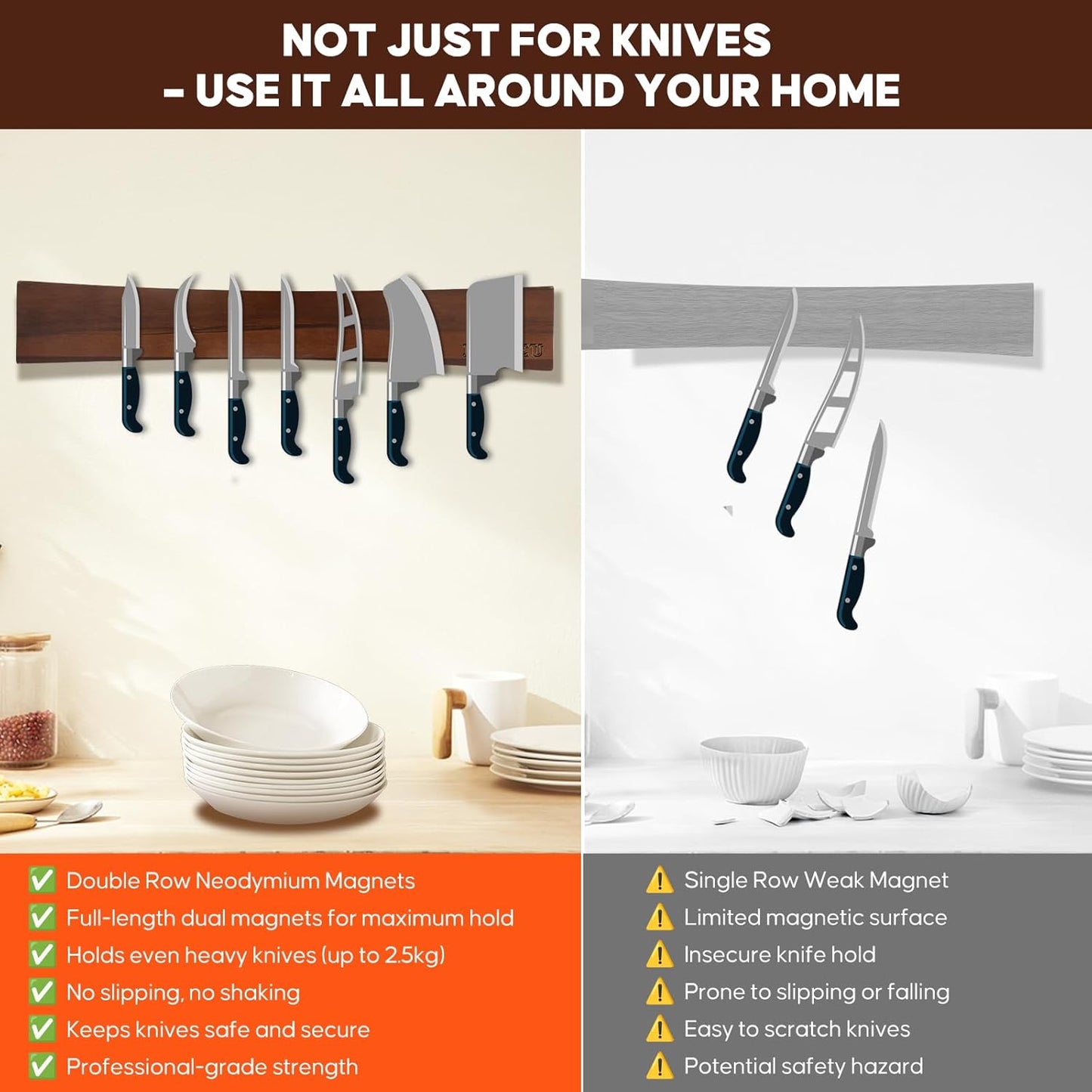 20 Inch Magnetic Knife Holder for Wall,Acacia Wood Double Sided Magnetic Knife Strip for Fridge,No Drilling