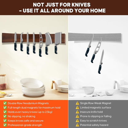 20 Inch Magnetic Knife Holder for Wall,Acacia Wood Double Sided Magnetic Knife Strip for Fridge,No Drilling