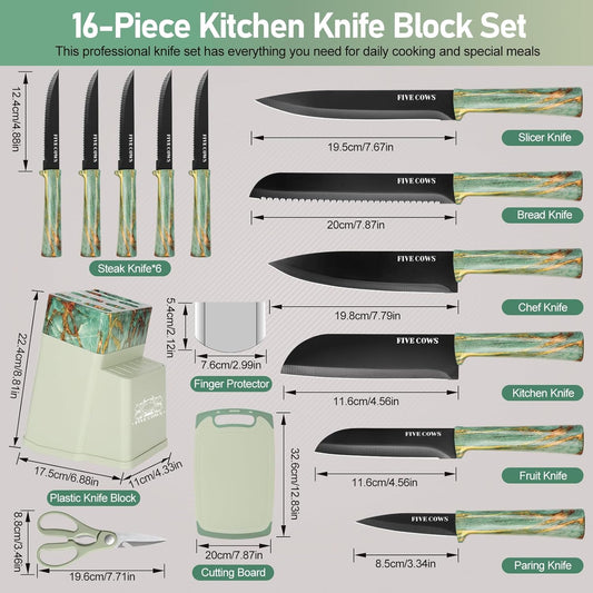 16-Piece Kitchen Knife Block Set with Cutting Board - German Stainless Steel Knives, Built-In Sharpener, Dishwasher Safe, Anti-Slip Handle - All-in-One Cutlery Set for Home/Kitchen (Cyan)