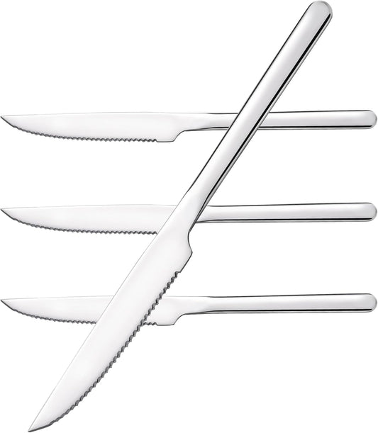 Sharp Steak Knives, German Stainless Steel Steak Knife Set of 4 with Full-Serrated Blade, 9.4-Inch Sleek Design Table Knives, Mirror Polished
