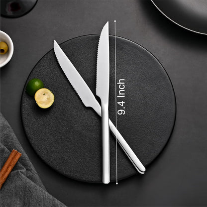 Sharp Steak Knives, German Stainless Steel Steak Knife Set of 4 with Full-Serrated Blade, 9.4-Inch Sleek Design Table Knives, Mirror Polished