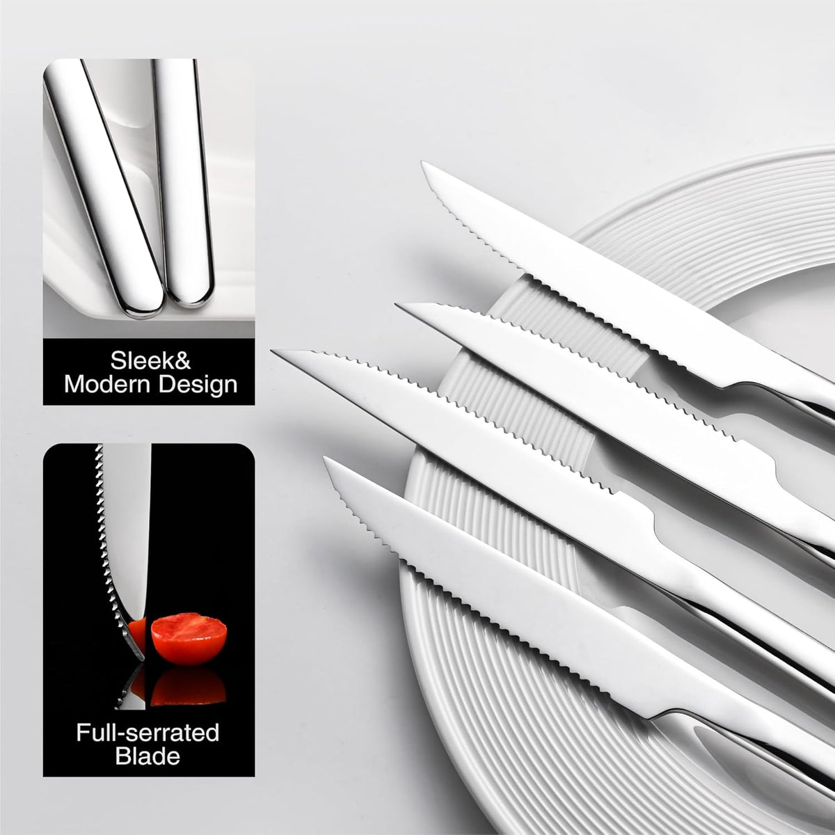 Sharp Steak Knives, German Stainless Steel Steak Knife Set of 4 with Full-Serrated Blade, 9.4-Inch Sleek Design Table Knives, Mirror Polished