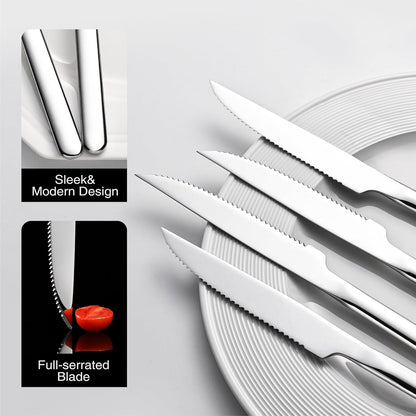 Sharp Steak Knives, German Stainless Steel Steak Knife Set of 4 with Full-Serrated Blade, 9.4-Inch Sleek Design Table Knives, Mirror Polished