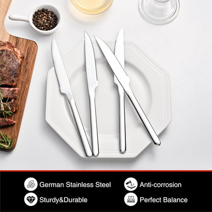 Sharp Steak Knives, German Stainless Steel Steak Knife Set of 4 with Full-Serrated Blade, 9.4-Inch Sleek Design Table Knives, Mirror Polished
