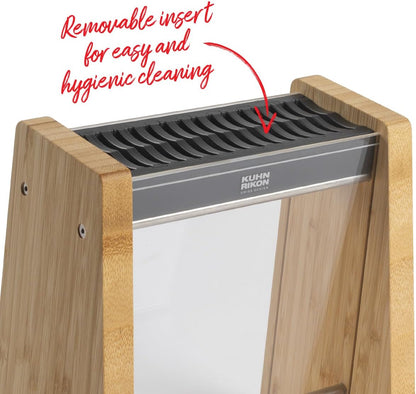 ICED Knife Block, Modern Knife Storage, Bamboo and Clear Panels, Removable Top Insert, Space Saving Countertop Knife Block